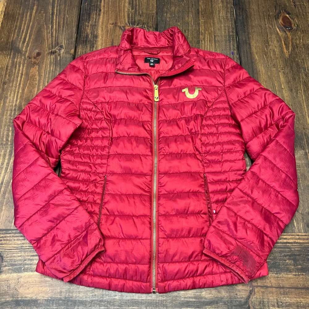 True Religion Puffer Jacket Women Red Full Zip Hooded Quilted Down Insulated‎